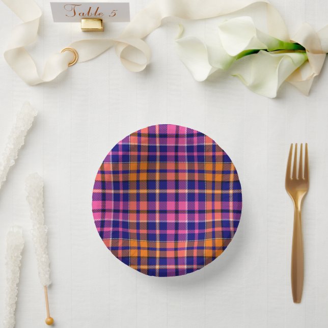 Navy Blau Pink Orange Karo Tartan Design  Pappteller (Hochzeit)