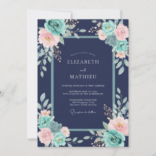 Navy-Blau prächtige florale Hochzeit Einladung