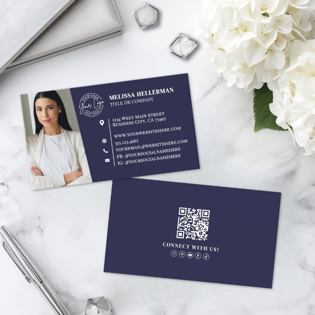 Navy Blau Professionelles QR-Code-Foto-Logo Visitenkarte (Navy Blue Professional QR Code Photo Logo Business Card )
