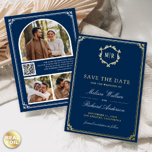 Navy Blau QR Code Foto Hochzeit Termin merken Gold Folieneinladung