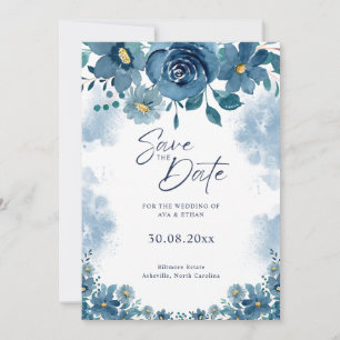 Navy-Blau-Rauch-Blumen-Hochzeit-Save-The-Date Einladung
