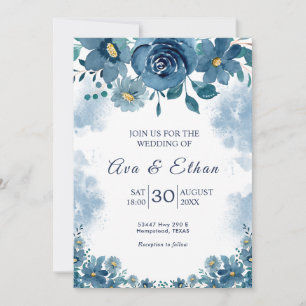 Navy-Blau-Rauch-Blumen-Hochzeitseinladung Einladung