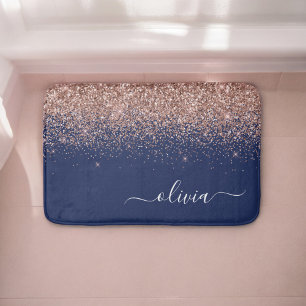 Navy Blau Roségold Blush Pink Glitter Monogramm Badematte