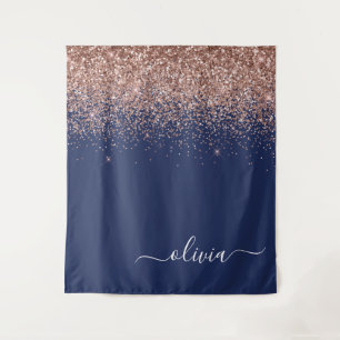 Navy Blau Roségold Blush Pink Glitter Monogramm Wandteppich