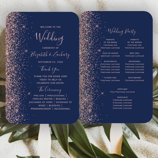 Navy Blau-Roségold-Glitterrand-Hochzeitsprogramm Fächer (Von Creator hochgeladen)