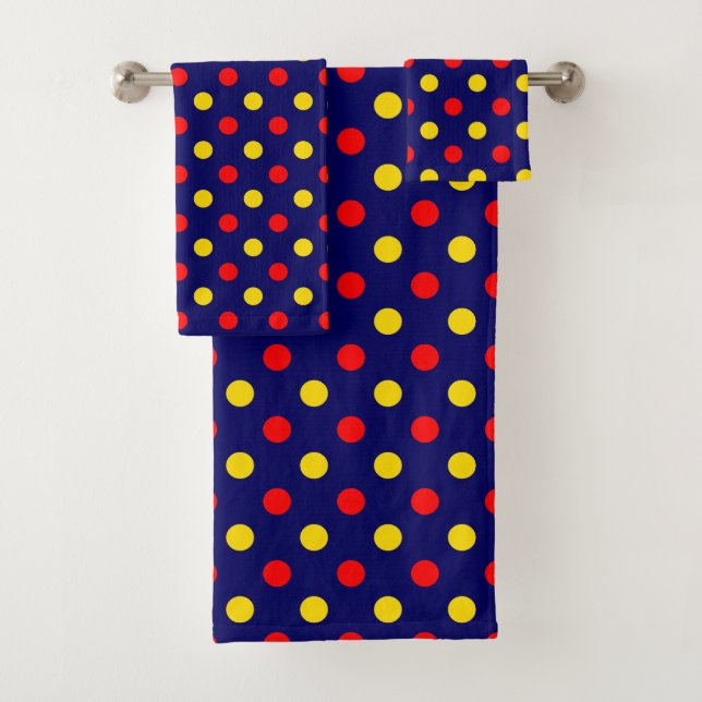 Navy Blau Rot Gelb Punkte Design  Badhandtuch Set (Insitu)