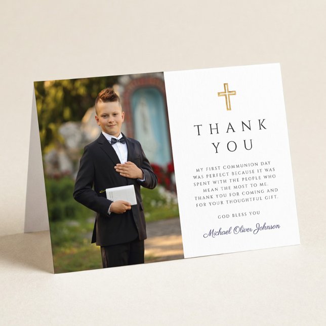 Navy Blau Script Foto Junge Erstkommunion gefaltet Dankeskarte (Navy Blue Script Photo Boy First Communion Folded Thank You Card)