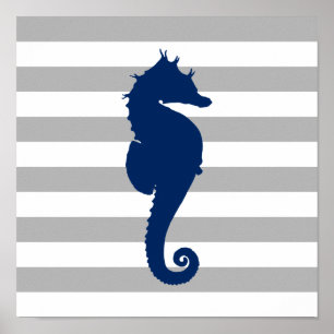 Navy Blau Seepferd Grau und Weiß Streifen Poster