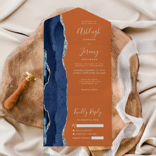 Navy Blau Silber Achat Orange Hochzeit All In One Einladung