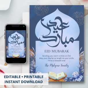 Navy Blau & Silber Blumen Koran Eid Mubarak Karte