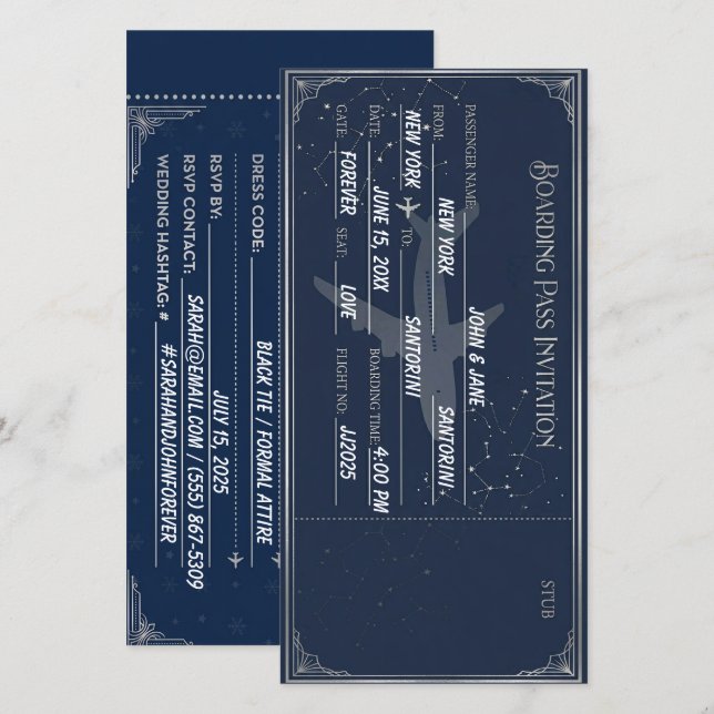 Navy Blau & Silber Bordkarte Save-the-Date Save The Date (Vorne/Hinten)