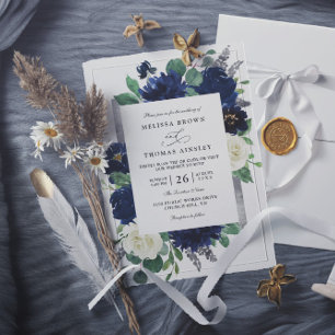 Navy Blau Silber Elegante Florale QR-Code-Hochzeit Einladung