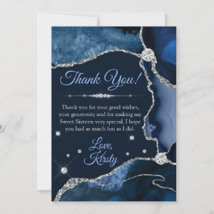 Navy Blau & Silber Faux Glitter Achat Sweet 16 Dankeskarte