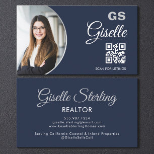 Navy Blau Silber Foto Monogramm Realtor QR Code Visitenkarte