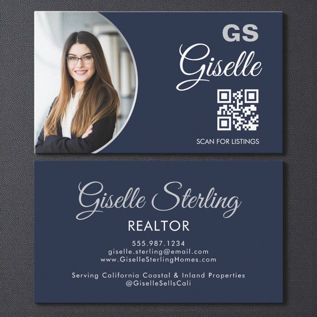 Navy Blau Silber Foto Monogramm Realtor QR Code  Visitenkarte (Von Creator hochgeladen)