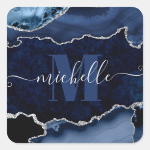 Navy Blau & Silber Glitter Marmor Achat Monogramm Quadratischer Aufkleber