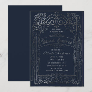 Navy Blau & Silber Vintage Viktorianische Brause Einladung
