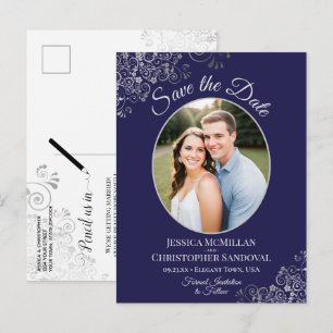 Navy Blau & Silberige Hochzeit Save-the-Date-Foto Ankündigungspostkarte