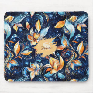 Navy Blau Slawische Volks kunst Blumen in Orange & Mousepad