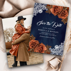 Navy Blau Staubige Terrakotta-Rosen-Hochzeitsfoto Save The Date
