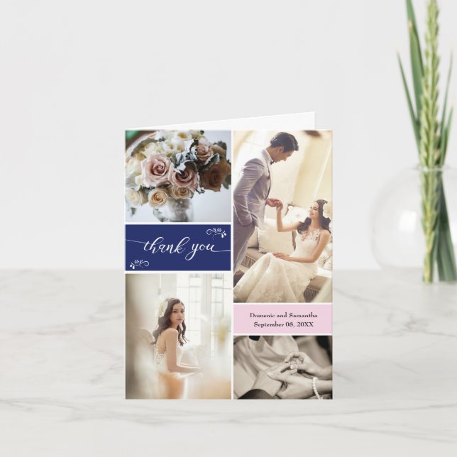 Navy Blau und Blush Pink Script Danke Collage (Vorderseite)