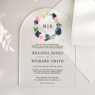 Navy Blau und Blush Rosa Florale Hochzeit Acryleinladungen