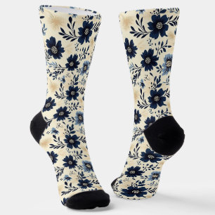 Navy Blau und Creme Folk Art Floral Garten Socken