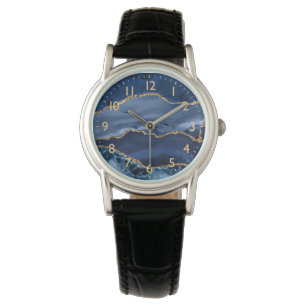 Navy Blau und falsches Gold Glitter Marmor Achat Armbanduhr