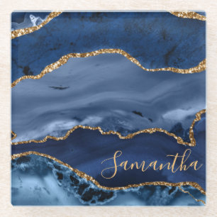 Navy Blau und falsches Gold Glitter Marmor Achat Glasuntersetzer