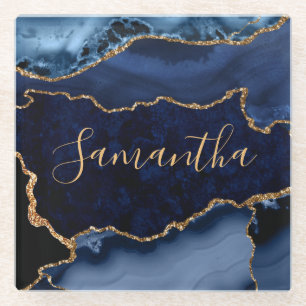 Navy Blau und falsches Gold Glitter-Marmor-Achat Glasuntersetzer