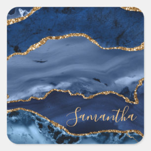 Navy Blau und falsches Gold Glitter Marmor Achat Quadratischer Aufkleber