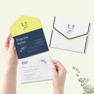 Navy Blau und Gelbe Einfache Moderne Hochzeit All In One Einladung