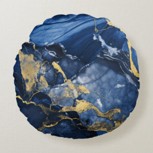 Navy Blau und Gold Achat-Marmor Rundes Kissen