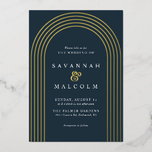 Navy Blau und Gold Einfache moderne Hochzeitsark Folieneinladung