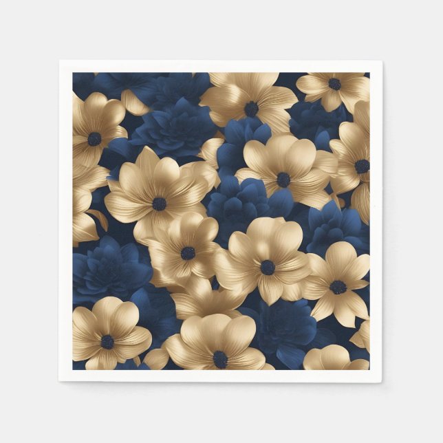 Navy Blau und Gold Elegant Blumen Serviette (Vorderseite)