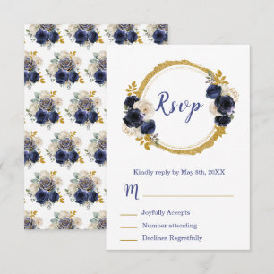 Navy Blau und Gold Elegante Blumen Sweet Sixteen RSVP Karte