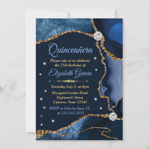 Navy Blau und Gold Faux Glitter Achat Quinceanera Einladung
