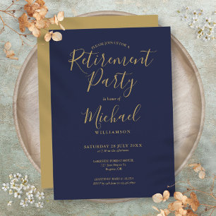 Navy Blau und Gold Schrift Ruhestandsparty Einladung