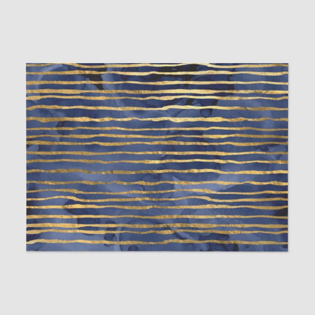 Navy Blau und Gold Streifen Muster Seidenpapier (Vorderseite)