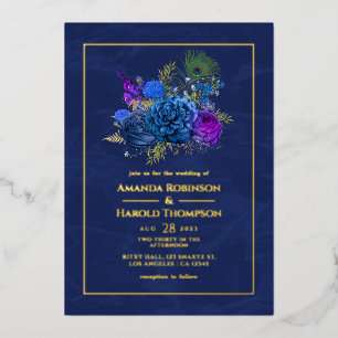 Navy-Blau und Gold Vintage-Pfau-Hochzeit Folieneinladung