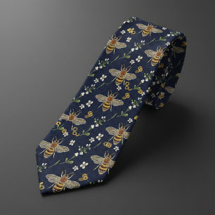 Navy Blau und Goldene Honigbiene Floral Krawatte