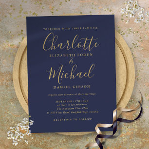 Navy Blau und Goldene Unterschriften-Hochzeit Einladungspostkarte