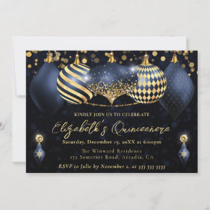 Navy Blau und Goldene Weihnachts-Kugeln Quinceaner Einladung