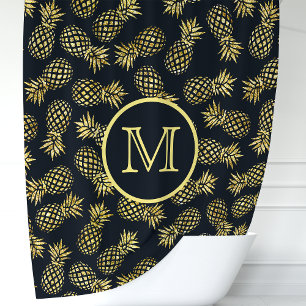 Navy Blau und Goldenes Ananas-Monogramm Duschvorhang