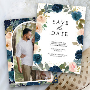 Navy Blau und Pfirsich Blumen Hochzeitsfotos Save The Date