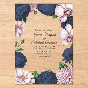 Navy Blau und Rosé Modernes Botanisches Hochzeitst Acryleinladungen