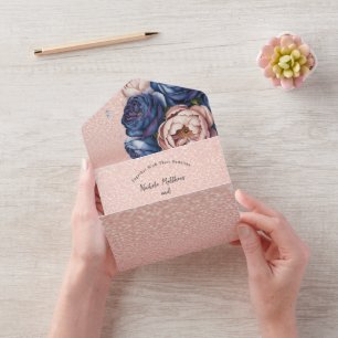 Navy Blau und Roségoldene Florale Hochzeit All In One Einladung