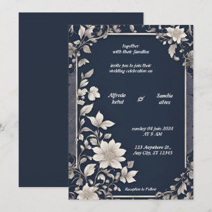 Navy Blau und Silber Elegante Weiße Florale Hochze Einladung