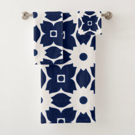 Navy Blau und Weiß Geometrische Blüten Badhandtuch Set