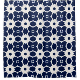 Navy Blau und Weiß Geometrische Blüten Duschvorhang
